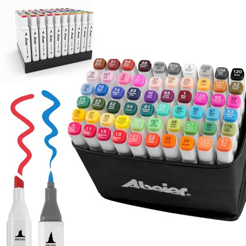 ABEIER Alkohol Marker Stifte Set,60 Farben Pinsel Marker Stift Doppelspitze Filzstifte Brush,Pinsel Alkoholmarker für Zeichnen,Skizzieren,für Lehrer, Büro,Inkl.1 Blender