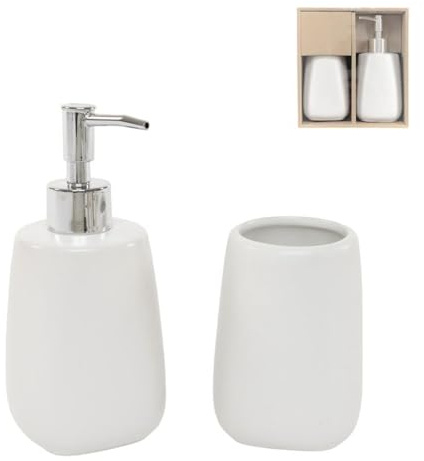 ROCKING GIFTS Juego de Baño Blanco, Dispensador de Jabón y Vaso de Cerámica, Set de Accesorios de Baño 2 Piezas, Dosificador Jabonera y Vaso para Lavabo, para Aseo, Decoración Hogar