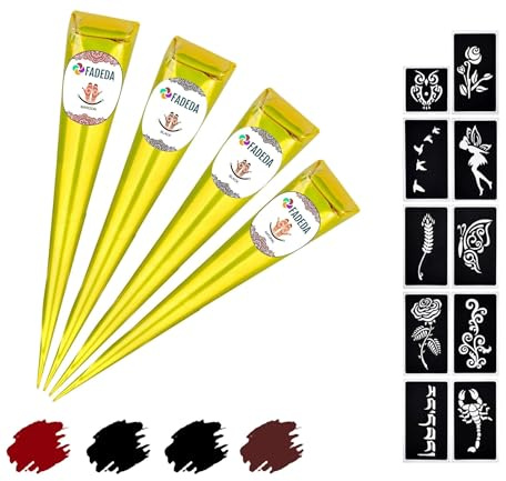 4x FADEDA Henna Kegel | 4x 25g natürliche Paste | 2x Schwarz, 1x Natur-Braun, 1x Kastanien-Braun | 10 verschiedene Sticker-Schablonen | 100 % pflanzlich | gebrauchsfertig & ohne PPD