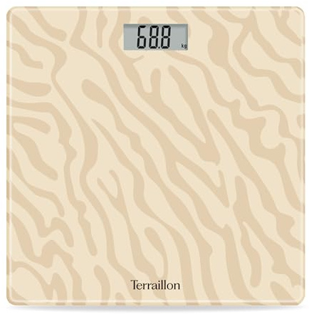 TERRAILLON - ONE GOLDEN SAND- Balance pèse personne électronique, Compact et ultra plat, Plateau en verre 27cm x 27 cm, Ecran LCD, Capacité 160Kg, Graduation 100g, Sérigraphie Sable Or