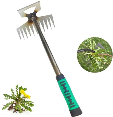 FiveMileBro Strumento per Diserbo Manuale, Attrezzo per Rimozione Erbacce con Manico Lungo, Estirpatore Erbacce per Giardino, Orto, Prato e Cortile (11 Denti)