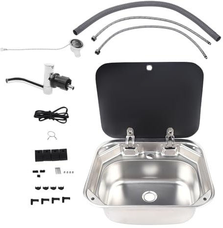 Évier de véhicule récréatif en acier inoxydable avec robinet pliable et couvercle en verre – Lavabo simple pour camping-car, remorque, caravane, van