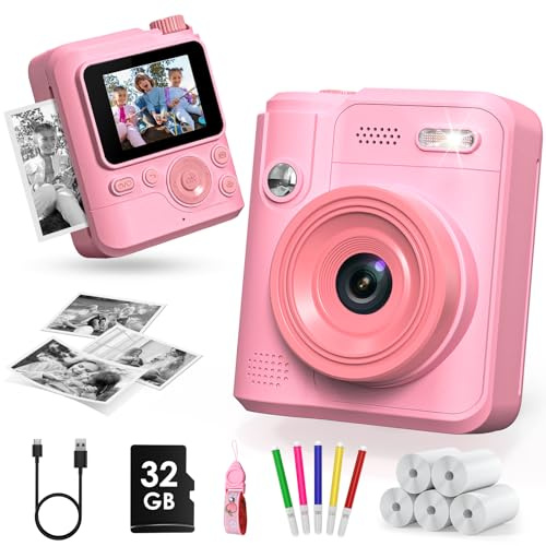 Gofunly Appareil Photo Instantané Enfants, 1080P Appareil Photo Numérique Enfant & Caméra Vidéo avec Carte de 32GB & 5 Rouleaux de Papier d'impression, Cadeaux pour Garçons & Filles de 3-12 Ans(Rose)