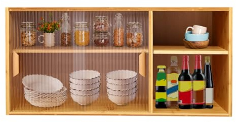 TFCFL 2-Tier Bamboo Kitchen Cabinet with Tempered Glass Doors, Small Countertop Cabinet for Storing Kitchen Utensils Such as Dinner Plates, Bowls, Spices, Plates, Cups (Log Color)