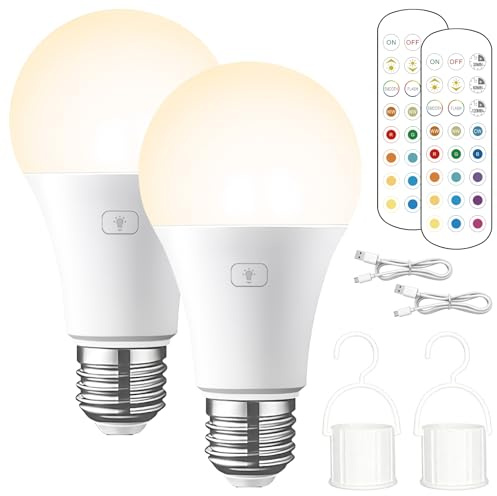 Bombilla con batería: 2 bombillas USB recargables con mando a distancia, bombilla LED E27 E RGB, bombilla recargable con control táctil, 15 colores, LED regulable con función de temporización