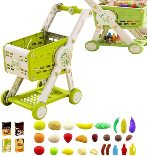 Carrito de la compra, carrito de la compra, juego de juego con accesorios de tienda de comestibles, accesorios de cocina para clasificar juegos de rol de 1 a 3 años y hasta bebés
