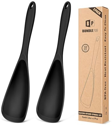 Packung mit 2 Kochlöffeln für nicht haftendes Kochgeschirr, Multifunktionsspätellöffel BPA-frei, volles Silikon-Design, geeignet für Scooping, Krabben, Servieren und Mischen (Schwarz-Schwarz)