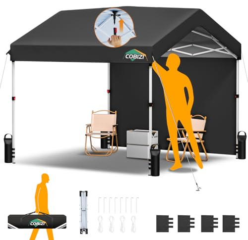 COBIZI Tonnelle Pliante 3x3m avec 1 Parois Imperméable, Barnum Pliant 3x3 Professionnel Protection UV, One-Push Pop up Carports Garage Tent pour Fête Plage Terrasse Camping (3 par 3m Noir)