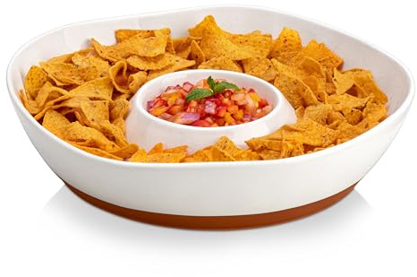 MALACASA Servierplatte für Chips und Dips, 30.5 cm Großer Teller mit Dipschalen für Chips & Salsa, Nacho & Dips, Obst, Vorspeisenplatte für Partys und Gäste, Weiß
