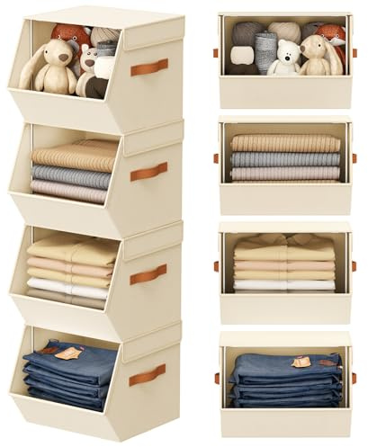 DIMJ Aufbewahrungsboxen mit Deckel - 4er Set Faltbare Aufbewahrungsbox Stoff, 30 x 25 x 25 cm, Aufbewahrung Ordnungsboxen Kleiderschrank Organizer, Faltbox für Kleidung, Socken, Beige