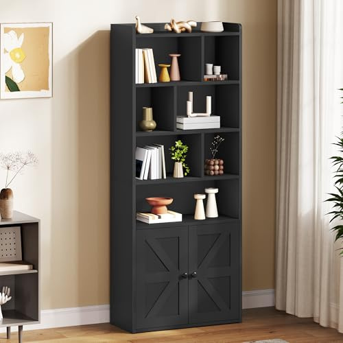 YITAHOME 4-stöckiges Bücherregal mit Türen und Schrank, freistehendes Bücherregal mit offenen Fächern für Zuhause, Büro, Wohnzimmer und Schlafzimmer, Schwarz, 60 x 30 x 159 cm