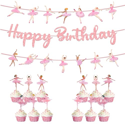 Happy Birthday Girlande Mädchen Set, Ballerina Geburtstag Deko Girlande | Ballerina Cake Topper, Tutu Tanzparty Banner, Ballett Banner für Geburtstag Mädchen