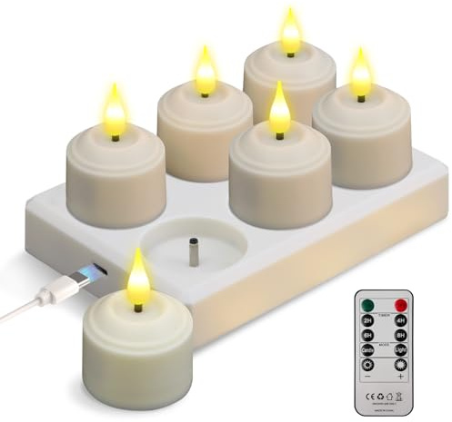 ICRGB 6er LED Teelichter Wiederaufladbar mit Fernbedienung, Aufladbare Teelichter, Kerzen Flackernd mit Timer＆ Ladestation für Zimmerdekoration,Esstisch, Hochzeit,Party, Advent, Halloween,Weihnachten