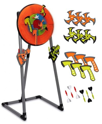 GIRAFFYCO Axe Throwing Game Set, Target Stand with 6 Axes for Garden | 18 Pcs Throwing Set with Axes, Stars & Darts, Indoor Outdoor Party Game for Teens, Adults & Family Gatherings, Ages 14+