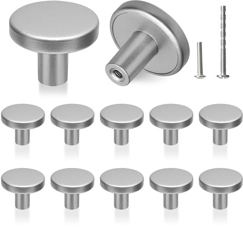 YSDMY 12 Piezas Tiradores Cajones,Pomos y Tiradores Vintage Tiradores Armarios 30mm Redonda Pomo Armario con dos Tornillos de Diferentes Tamaños, Pomos Armario para Muebles Armario (Plata)