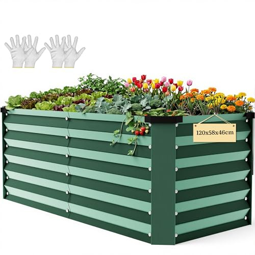 DWVO Jardineras elevadas para jardín, Placa de Acero galvanizado, jardineras para Exteriores con Borde de Seguridad para Barra de Apoyo de jardín y Guantes (Verde, 120 x 58 x 46 cm)