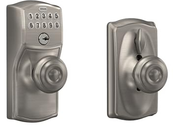 SCHLAGE FE595 CAM 619 GEO Camelot Keypad Entry with Flex-Lock and Georgian Style Knobs, Satin Nickel