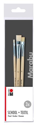 Marabu- Set School & Textile, 3 pennelli Piatti Legno Certificato FSC, con setole Naturali, per la Pittura prescolare, Scolastica e Tessile, 0180000000200, Multicolore