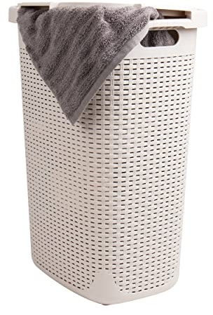 Mind Reader Basket, Laundry Cutout Handles, Washing Bin, Dirty Clothes Storage, Bathroom, Bedroom, Closet, Ivory 60 Liter Hamper