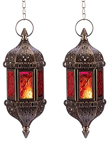 Nuptio Moroccan Candle Lantern 2 Pcs Hanging Tea Light Candle Holders Metal & Glass Ramadan Lamp Brown Decorative Lanterns for Candles for Living Room Balcony Patio Halloween Christmas Decorations