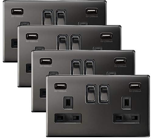 4 x Black Nickel USB Double Wall Plug Socket 2 Gang 13A with 2 USB Charger Port Outlets Socket Plate N776GME
