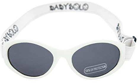 Baby Solo Original 2.0 Baby Sunglasses Safe, Soft, Super Adjustable and Adorable (0-36 months (Large to normal head), Matte White Frame w/Solid Black Lens)