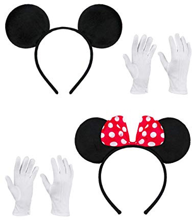 BALINCO Confezione doppia con orecchie da topo/fascia da topo con fiocco rosso e puntini bianchi + orecchie da topo nere con 2 paia di guanti bianchi per bambini e adulti