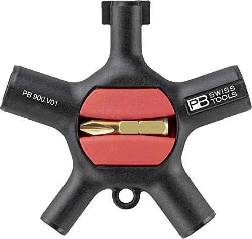 PB Swiss Tools 9-in-1 Universal Cabinet Key PB 900.V01 CN | 100% Swiss Made | Pocket Tool with Bit Holder, 2 C6 1/4 Precision Bits and Key Ring