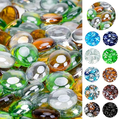 onlyfire Perles en verre de 4,5 kg pour foyer au propane et foyer au gaz, pierres rondes mélangées de 1,27 cm, billes plates pour table de brasero - Vert émeraude, glace cristal et lustre caramel