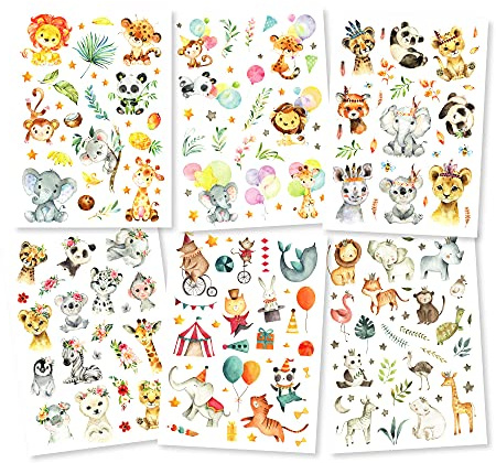 Pandawal® Tatueringar för barn, djur, set med 6 för flickor och pojkar, perfekt för barnens födelsedag, fest, present, hudvänliga, temporära barntatueringar
