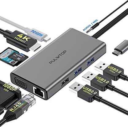 10 in 1 USB C Hub Multiple Adapter, Compatible with MacBook/Laptop/Windows | PULWTOP Docking Station with HDMI@4K30Hz, VGA@1080P, 3 USB Port, 100W PD Charger, Ethernet, Audio, SD/TF