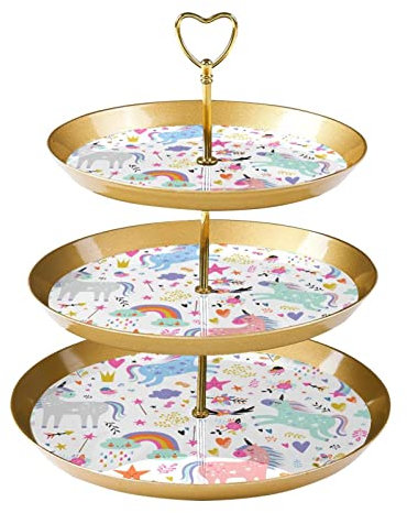 JAVENPROEQT 3-Tier Cupcake Stand Cake Holder, Kawaii Unicorn World Rainbow Floral Heart Reusable Serving Tray Pastry Display Tower for Birthday Baby Shower Tea Party