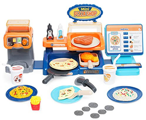 Cash Register Toy with Music Coffee and Pizza Maker Pretend Role Play Shopping Till Food Toys Shop, Kids Kitchen Pretend Play Sets Toy for Boys Girls Present for Kids Girls Boys 3 +