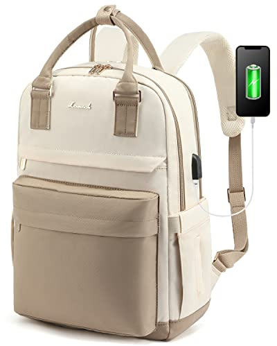 LOVEVOOK Laptop Backpack Womens, 15.6 Inch School Bags for Women Waterproof Computer Rucksack with USB Port for Travel Business College Work, Khaki Beige