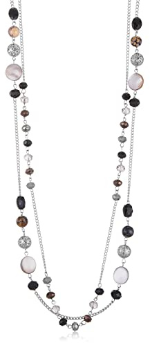 FULU AUTUMN Damen Statement Kette Lange Perlenkette Silber Chain Zwei Strang Modeschmuck Halskette Geburtstagsgeschenk