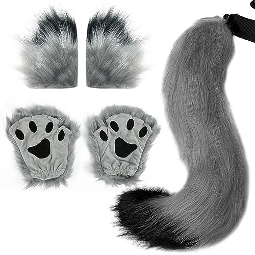 Ulikey Wolf Fuchsschwanz Anziehset, Halloween Kunstfell Katzenohren Plüsch Wolf Fuchsschwanz Kinder Kostüm Set mit Schwanz stirnband und Handschuhe Set für Halloween, Karneval