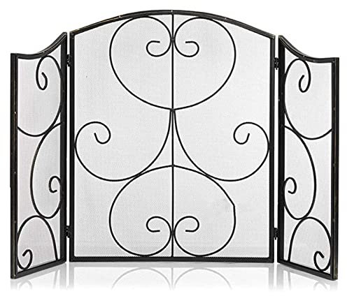 3-Panel-Bogen-Kaminschirm mit Used-Antik-Finish, schmiedeeisernes Rollwerk, für offenes Feuer/Gasfeuer/Holzofen (Farbe: Schwarz) Decoration