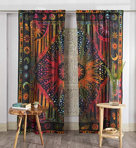 Popular Handicrafts 100 Inch Length 2 Panels Set Indian Burning Sun Hippie Mandala Window Curtains - Gypsy Tye Dye Bohemian Sun Moon Beautiful Drapery Bedroom Living Room Balcony Valance Panels Golden
