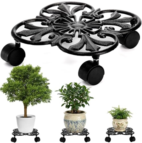 Goaste Cast Iron Plant Caddy, 11 Heavy Duty Plant Stand, Rustic Plant Trolley with 4 Rolling Wheels, Round Planter Holder for Outdoor Indoor, Large Plant Flower Pots, Load Capacity 330 Lbs (Black)