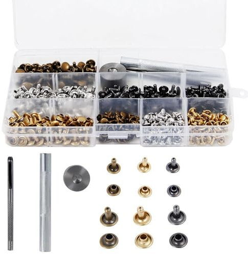 Metall Nieten Set mit Fixierung Werkzeug, 240 Set Doppelkappe Nieten, 6mm 8mm Metallnieten für DIY Leder Handwerk Tasche Gürtel, 2 Größen und 4 Farben