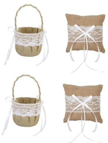 Cabilock 2stücke Rustikales Hochzeitsringkissen Und Blumenkorb Jute Mit Spitze Für Zeremonien Und Feierlichkeiten Mit Elegantem Blumendesign