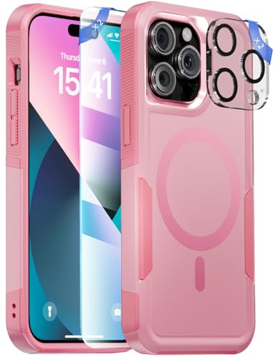 RFUNGUANGO Custodia per iPhone 15 Pro Max Compatibile con Magsafe, con 2x Proteggi Schermo in Vetro Temperato, 2x Proteggi Obiettivo Fotocamera, PC Rigido e TPU Morbido 2 in 1,Rosa rossa