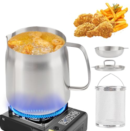 Frittiertopf mit Sieb, 2L Edelstahl Fettbehälter Speckfettbehälter, Vielseitiger Ölfilterbehälter zum Kochen, Braten und Sieben von Öl für Küche Camping
