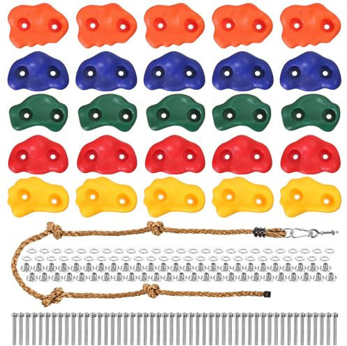 Ieron Premium Kletterset - 25-teiliges Bunte Klettersteinset mit gelbem Seil und verzinkten Stahlbefestigungen (Mehrfarbig)