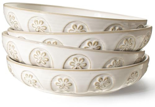 Artena Große Nudelschalen, 24,8 cm, große Salatschüsseln, 1,4 l, Prägung, weiße Keramik-Servierschalen, Suppenschüsseln, flache Speiseteller, tiefe Teller, mikrowellengeeignet und spülmaschinenfest