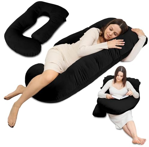 Gravidkudde XXL 180 cm helomslutande – body pillow omsluter hela kroppen för gravida stödjer rygg och mage överdrag i sammet tvättbar – OEKO-TEX certifierad Svart