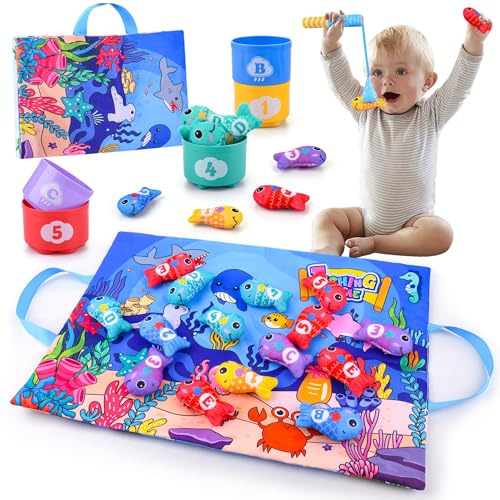 Auney Angelspiel ab 1 2 Jahre,Baby Spielzeug ab 1 2 Jahr,mit Stapelbechern - Zahlen zählen, Farben sortieren,Fische Angeln Spiel 1 Jahr 2 Jahre,Montessori Spielzeug Lernspiele Motorikspielzeug