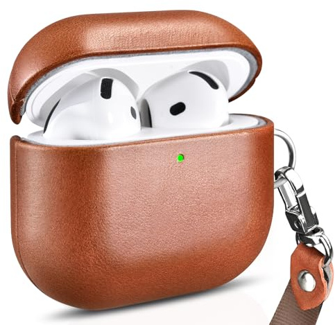ICARER Leder Hülle mit Trageband für AirPods 4 Schutzhülle Tasch, Braun | Premium Echtleder, Stoßfeste Schutzhülle, LED sichtbar, Unterstützung Wireless Ladegerät, Einfaches Anbringen und Abnehmen