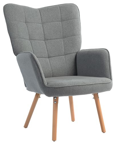 HOMCOM Sillón de Salón Moderno Butaca de Dormitorio con Respaldo Alto Reposabrazos Tela de Lino y Patas de Madera para Sala de Estar 71x76x101 cm Gris