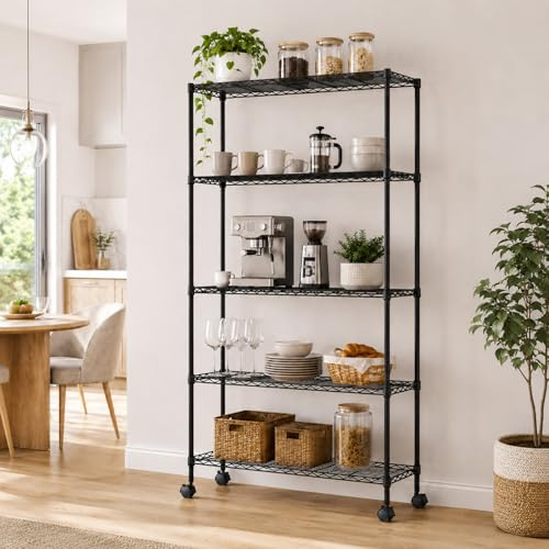 Nilpferd Metallregal mit Rollen, 5 verstellbare Ebenen, 180 x 90 x 40 cm | Gitterregal aus verzinktem Stahl, Schwarz, bis 500 kg; große Zubehörauswahl, Rollregal für Küche, Wohnzimmer und Werkstatt